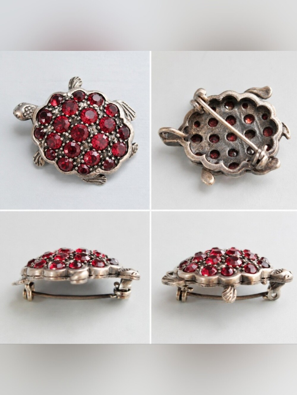 Vintage Red Rhinestone Turtle Brooch / Pendant – Convertible Turtle Jewelry